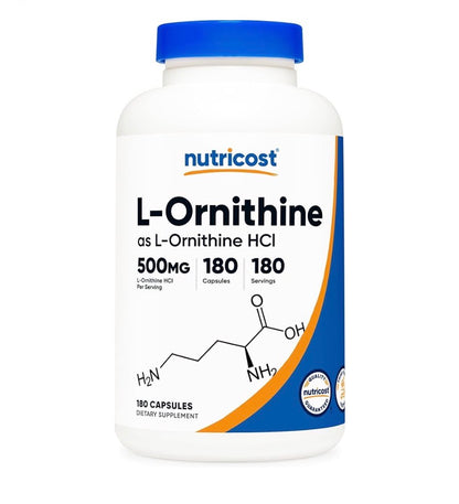 Nutricost L-Ornithine 500mg | Helps with Detoxification & Nitrogen Waste Removal | Lowers Stress Markers | Improves Mood & Sleep Quality | 180 Capsules; Exp 01/2029