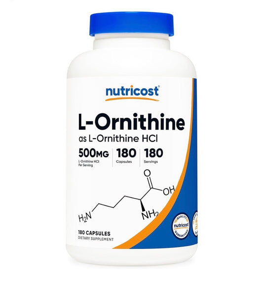 Nutricost L-Ornithine 500mg | Helps with Detoxification & Nitrogen Waste Removal | Lowers Stress Markers | Improves Mood & Sleep Quality | 180 Capsules; Exp 01/2029