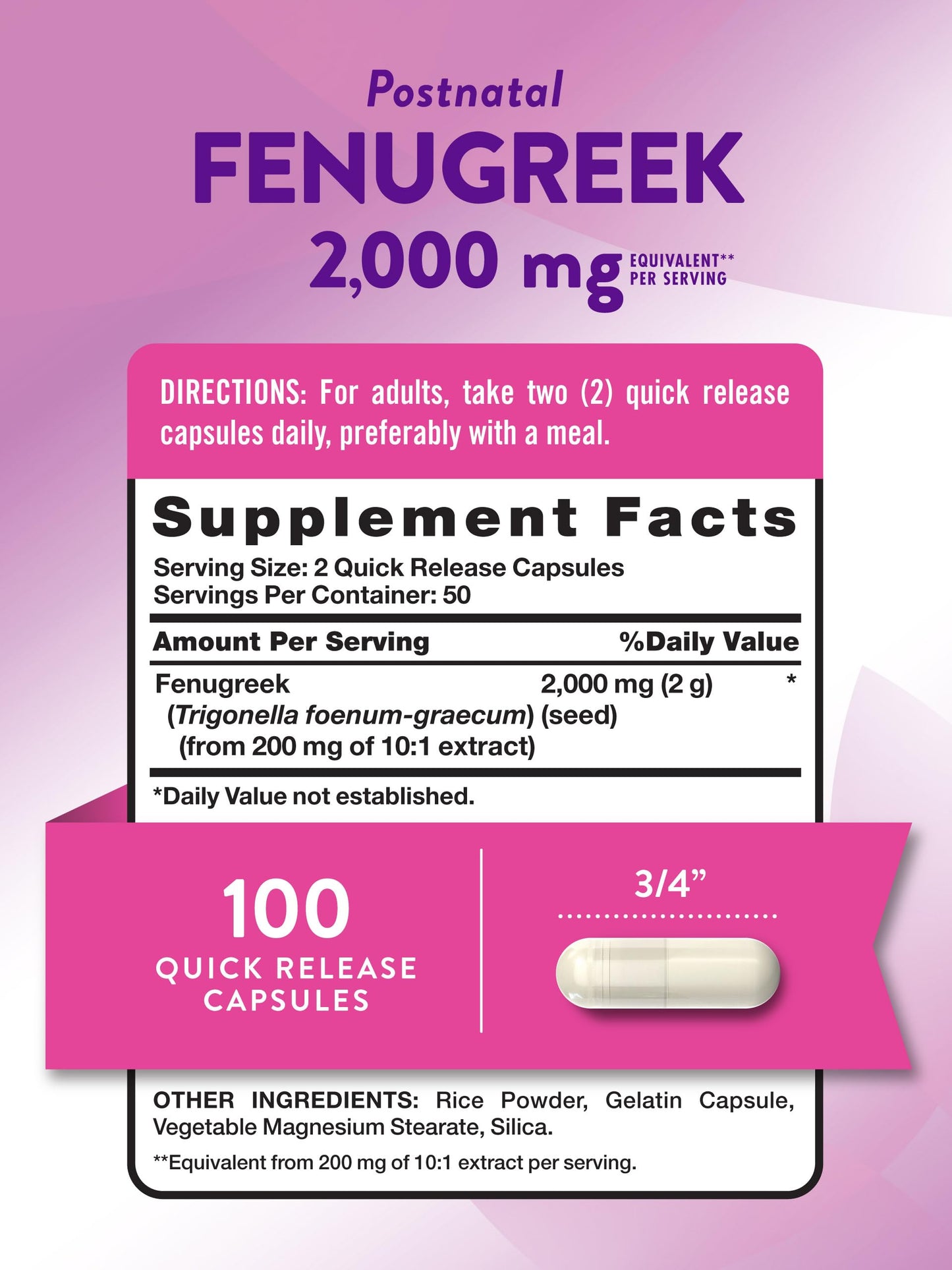 Nature's Truth Fenugreek Seed for Women | 2000mg | 100 Quick Release Capsules Exp 07/2026