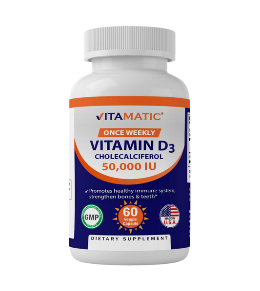 Vitamatic Vitamin D3 50,000 IU (as Cholecalciferol) | Once Weekly Dose, 1250 mcg | 1 Year Supply | Progressive Formula Helping Vitamin D Deficiencies | 60 Veggie Capsules Exp 06/2027