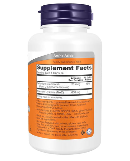 NOW N-Acetyl Cysteine (NAC) 600 mg with Selenium | Antioxidant | Maintains Cellular Health | 100 Capsules; Exp 07/2030