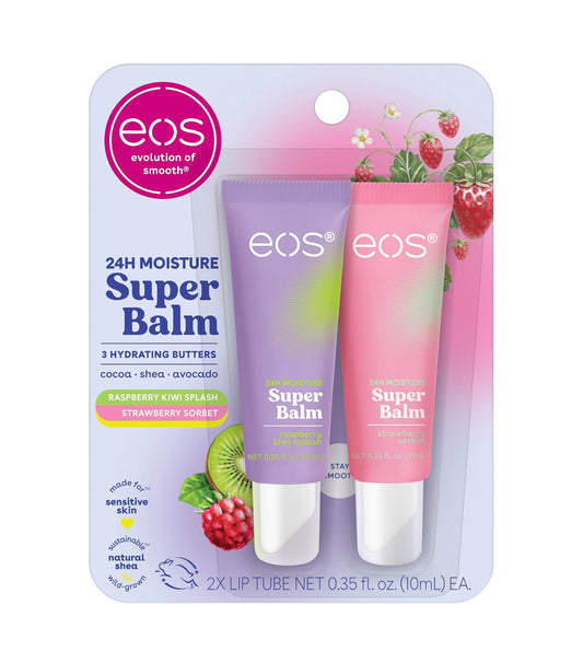 Eos 24HR Moisture Super Balm | Raspberry Kiwi Splash & Strawberry Sorbet Lip Balm Flavours | 0.35 fl oz, 2 Pack