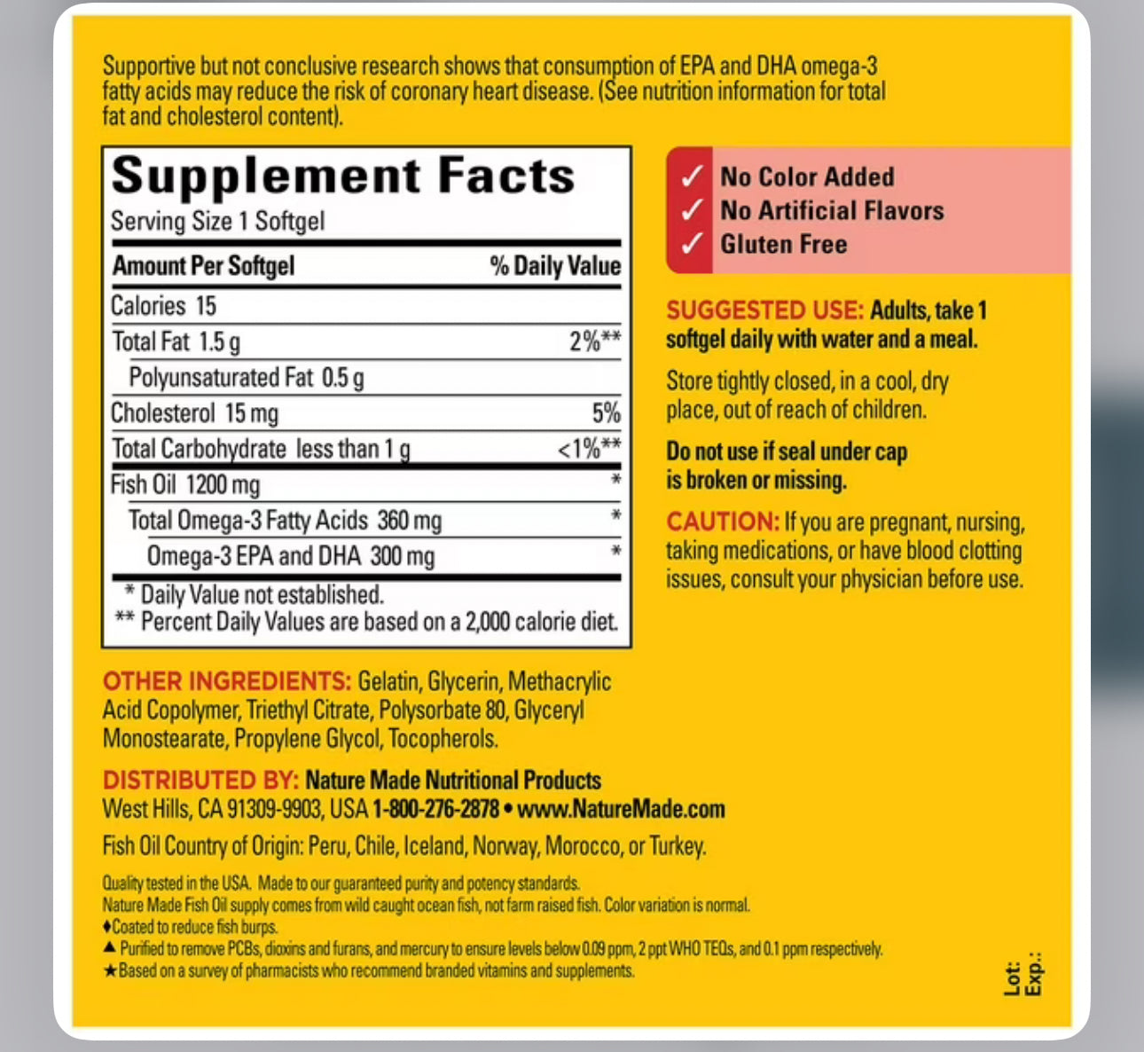 Nature Made Burp-Less Fish Oil 1200mg | Omega 3 Fish Oil for Healthy Heart Support | 240 Coated Softgels; Exp 06/2028