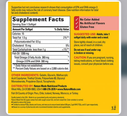 Nature Made Burp-Less Fish Oil 1200mg | Omega 3 Fish Oil for Healthy Heart Support | 240 Coated Softgels; Exp 06/2028