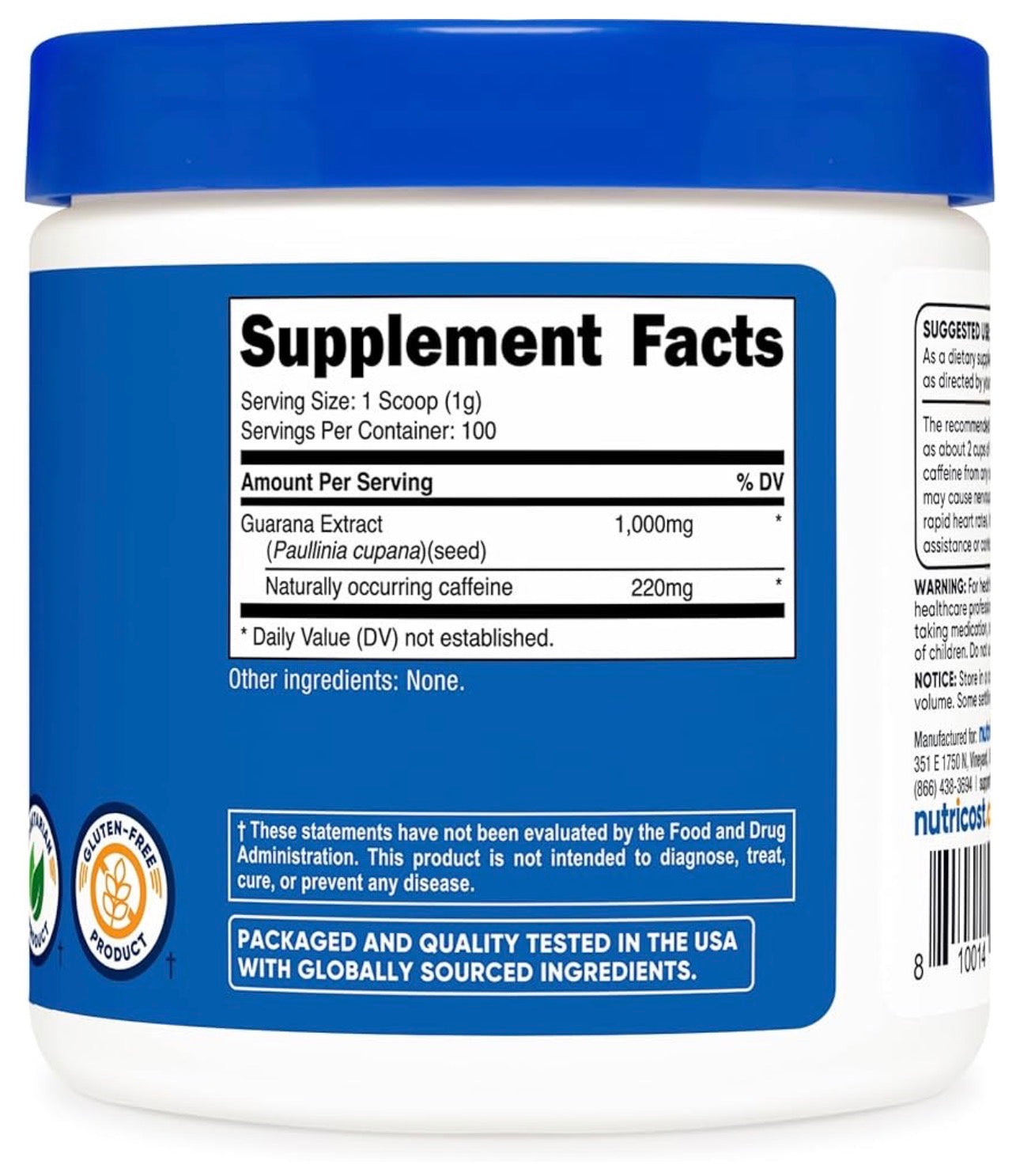 Nutricost Pure Guarana Extract Powder 1000mg | 220mg of Natural Caffeine per Serving | Natural Brazilian Herbal Caffeine/Energizer | 3.6oz/100g; Exp 05/2028
