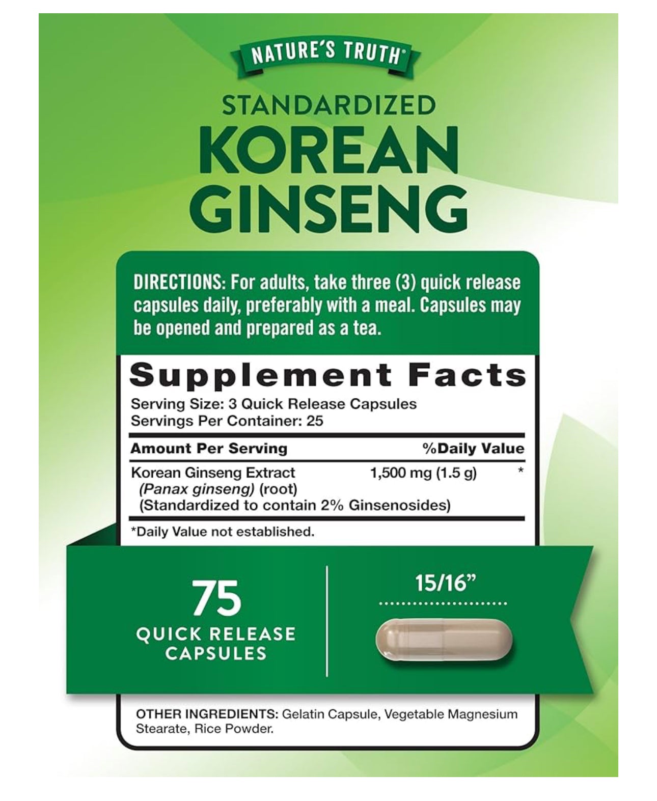 Nature's Truth Korean Ginseng | Standardized Extract | Promotes Wellness | 75 Capsules; Exp 07/2027
