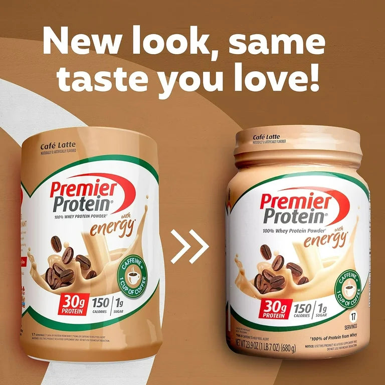 Premier Protein 100% Whey Protein Powder with Energy | 30g Protein | 150 Calories | Cafe Latte Flavor; 23.9oz (680g); Exp 09/2025