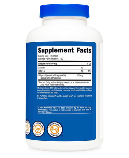 Nutricost Ubiquinol 100 mg - Superior Absorption Kaneka Ubiquinol | Active Form of CoQ10 | 120 Softgels; Exp 07/2028