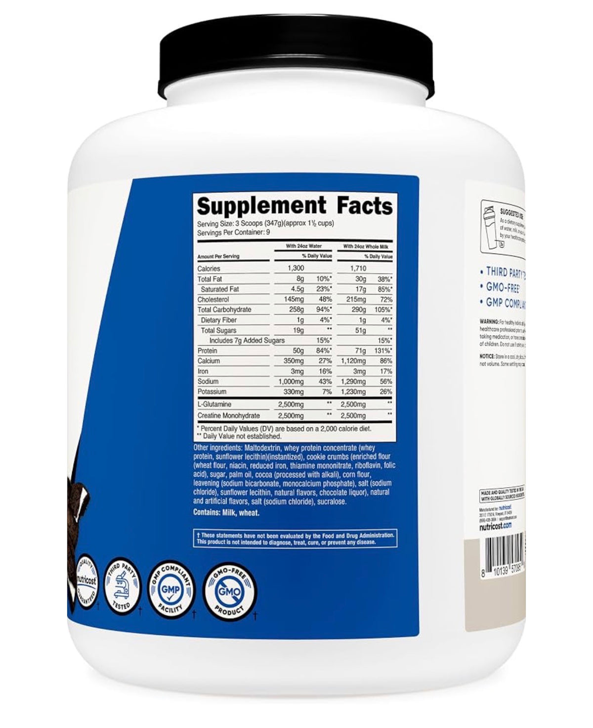 Nutricost Mass Gainer Powder with Creatine (2500mg) and L-Glutamine (2500) | 50 Grams of Protein & 1300 Calories Per Serving | Cookies N Cream Flavor ~6.9 lbs/3.124kg; Exp 05/2029