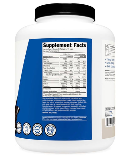 Nutricost Mass Gainer Powder with Creatine (2500mg) and L-Glutamine (2500) | 50 Grams of Protein & 1300 Calories Per Serving | Cookies N Cream Flavor ~6.9 lbs/3.124kg; Exp 05/2029