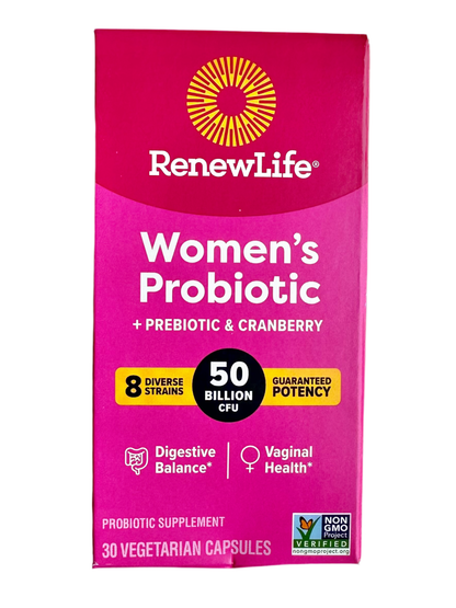 RenewLife Women's Probiotic 50 Billion CFUs | with Prebiotic + Cranberry | 8 Diverse Strains | 30 Vegetarian Capsules Exp 07/2026