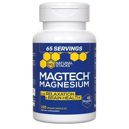 Natural Stacks MagTech Magnesium Complex | with 1000mg Magtein Magnesium L-Threonate, 690mg Magnesium Glycinate & 630mg Magnesium Taurate | For Relaxation & Brain Health | 195 Capsules;