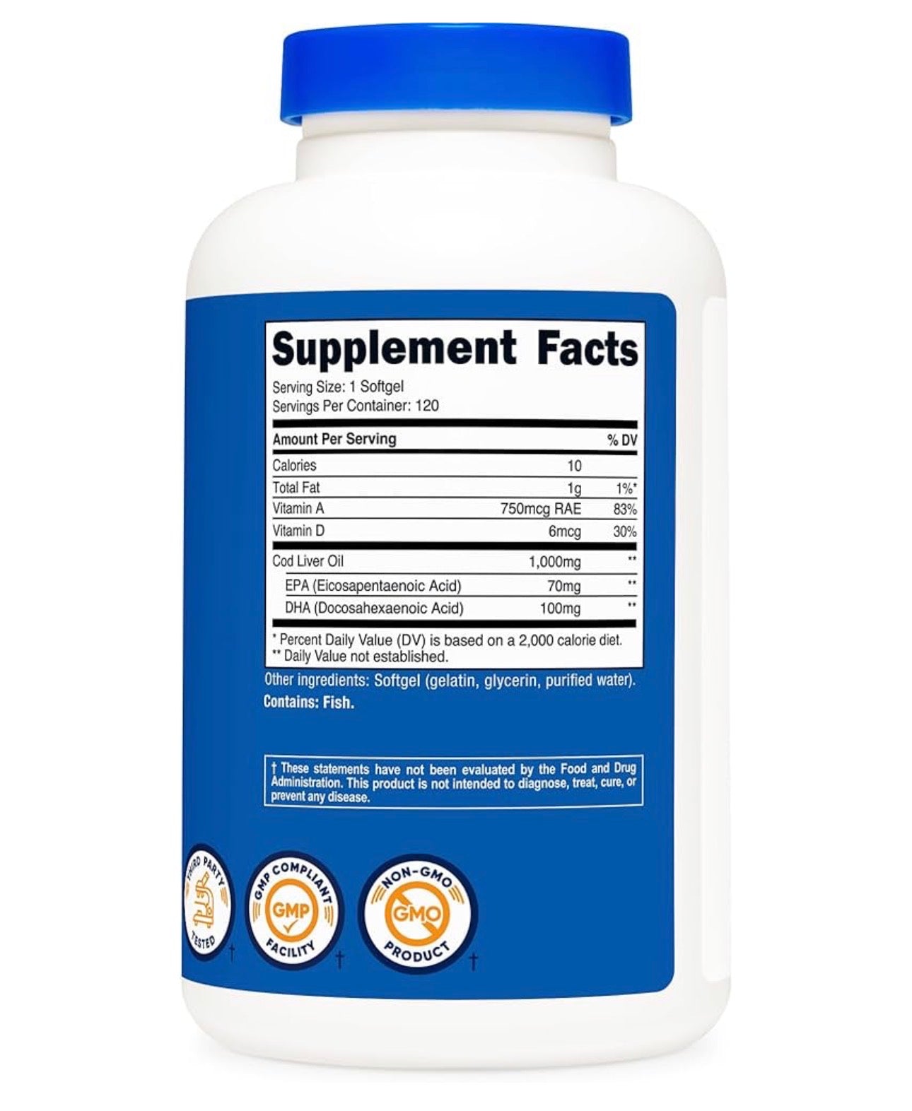 Nutricost Cod Liver Oil | Promotes Bone, Skin Health, Vision Support & Immune System Function w/High Absorption Vitamin A | 120 Softgels; Exp 07/2028