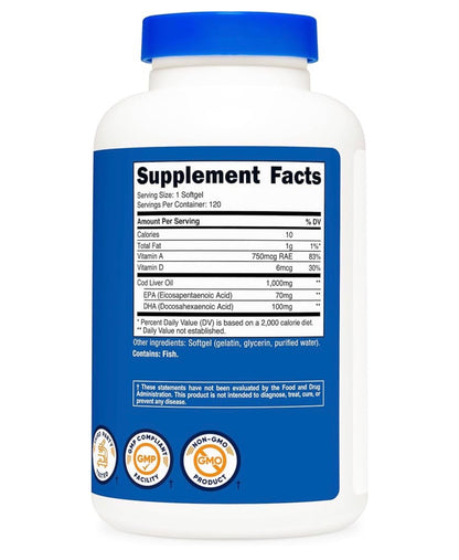 Nutricost Cod Liver Oil | Promotes Bone, Skin Health, Vision Support & Immune System Function w/High Absorption Vitamin A | 120 Softgels; Exp 07/2028