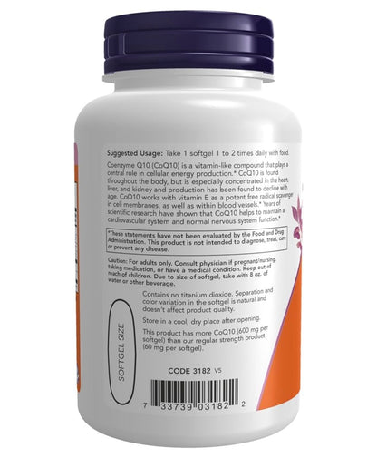 NOW Maximum Strength CoQ10 600 mg with Vitamin E & Soy Lecithin | Maintains a Healthy Nervous System | 60 Softgels; Exp 03/2031