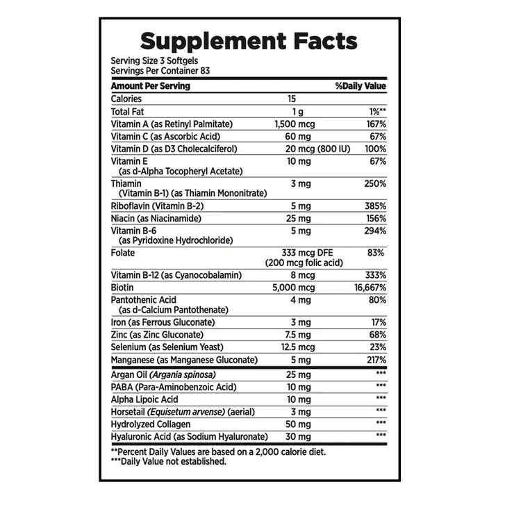 Nature's Bounty Advanced Hair, Skin and Nail Biotin & Vitamins A, C, & E, Women's Multivitamin | 83 Servings | with 5000mcg Biotin | 250 Softgels; Exp 05/2027