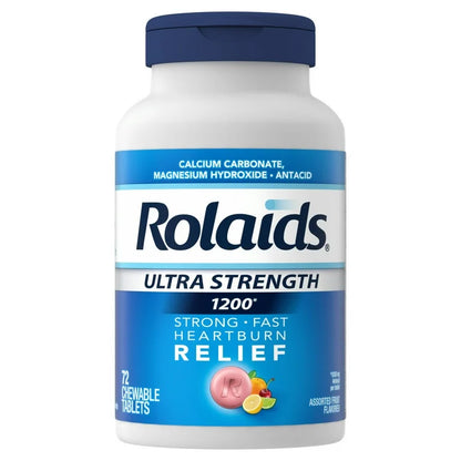 Rolaids Ultra Strength Chewable Antacid | Calcium Carbonate 1000mg + Magnesium Hydroxide 200mg | Assorted Fruit, 72 Tablets; Exp 08/2026