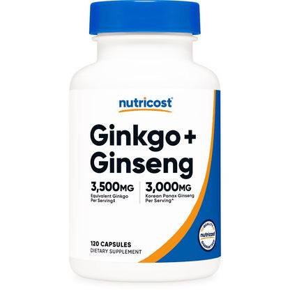 Nutricost Ginkgo Biloba + Korean Panax Ginseng | Improve Focus, Memory & Overall Well-Being 120 Capsules; Exp 02/2029