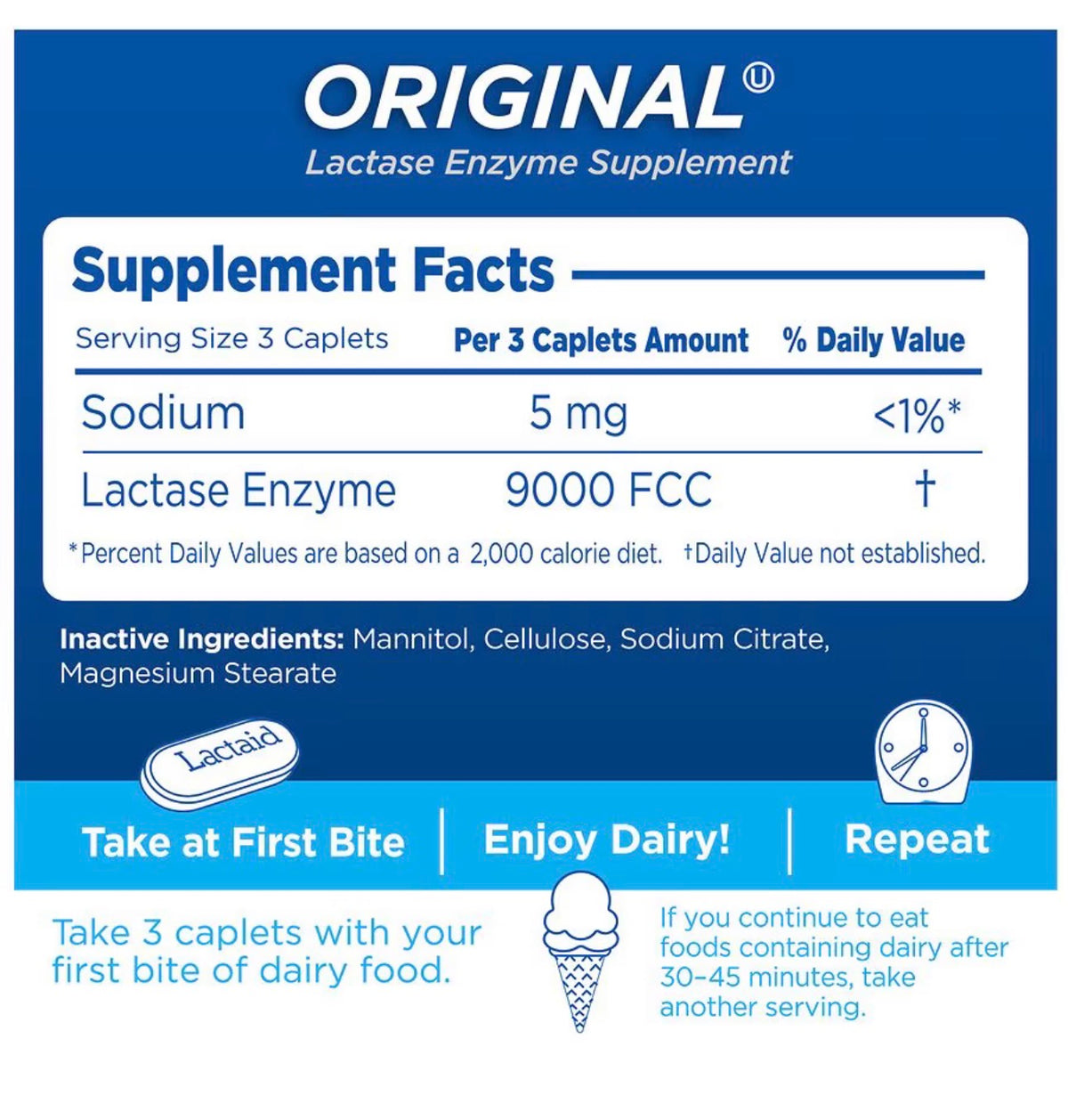 Lactaid Original Strength Lactase Enzyme | 9000 FCC Lactase Enzyme/Serving | 40 Servings | Prevents Gas, Bloating & Diarrhea Associated with Lactose Intolerance | Suitable for Adults & Children, Ages 4 & up
120 Caplets; Exp 02/2028