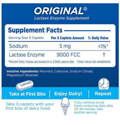 Lactaid Original Strength Lactase Enzyme | 9000 FCC Lactase Enzyme/Serving | 40 Servings | Prevents Gas, Bloating & Diarrhea Associated with Lactose Intolerance | Suitable for Adults & Children, Ages 4 & up
120 Caplets; Exp 02/2028