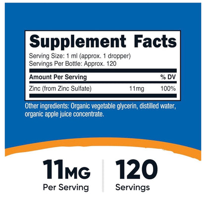 Nutricost Organic Ionic Zinc Liquid Drops 11mg per Serving | Zinc Sulfate | 120 Servings | 4 fl.oz/120ml; 06/2028