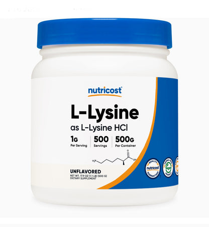 Nutricost L-Lysine 1000mg | Pure L-Lysine HCL Powder | 500 Servings | Supports Immune Function | Healthy Skin and Lips | 500g(1.1lb), Exp 09/2027