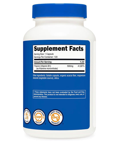 Nutricost Vitamin B1 500mg ~ Thiamine Mononitrate | Protects Your Heart, Brain & Nervous Seystem | Prevents & Treats Vitamin B1 Deficiency | 120 Capsules; Exp 04/2029
