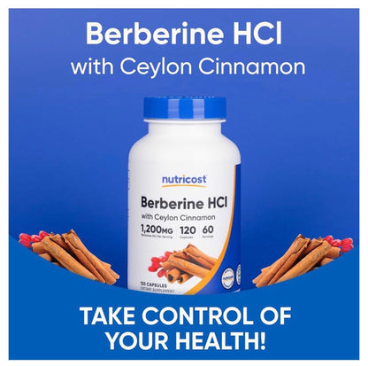Nutricost Berberine HCl 1200mg with Ceylon Cinnamon | Improves Insulin Sensitivity to Maintain Balanced Blood Sugar Levels | Promotes Weight Management | 120 Capsules; Exp 10/2028