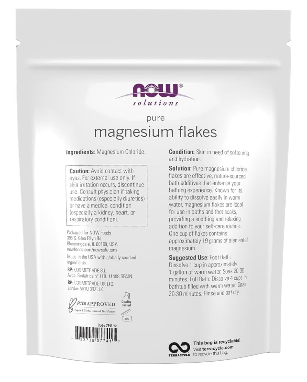NOW Magnesium Bath Flakes | From Ancient Seabeds | Soothing Addition to Bath Water & Foot Baths | Improves Skin Hydration | 26.5oz/750g; Exp 03/2031