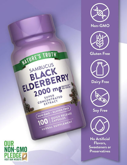 Nature's Truth Black Elderberry | Super Concentrated Sambucus Extract | Immune System Support | 100 Capsules; Exp 05/2027