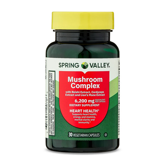 Spring Valley Mushroom Complex 6200 mg | Cordyceps, Reishi & Lion’s Mane Mushroom Extracts | Cognitive Support | Supports Heart Health, Energy, Stamina & Immune Function | Promotes Mental Clarity | 30 Capsules; Exp 01/2028