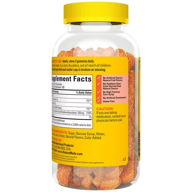 Nature Made Vitamin C 250 mg | Immune Health & Antioxidant Support | Aids with the Absorption of Iron | Tangerine Flavor; 200 Gummies; Exp 02/2028