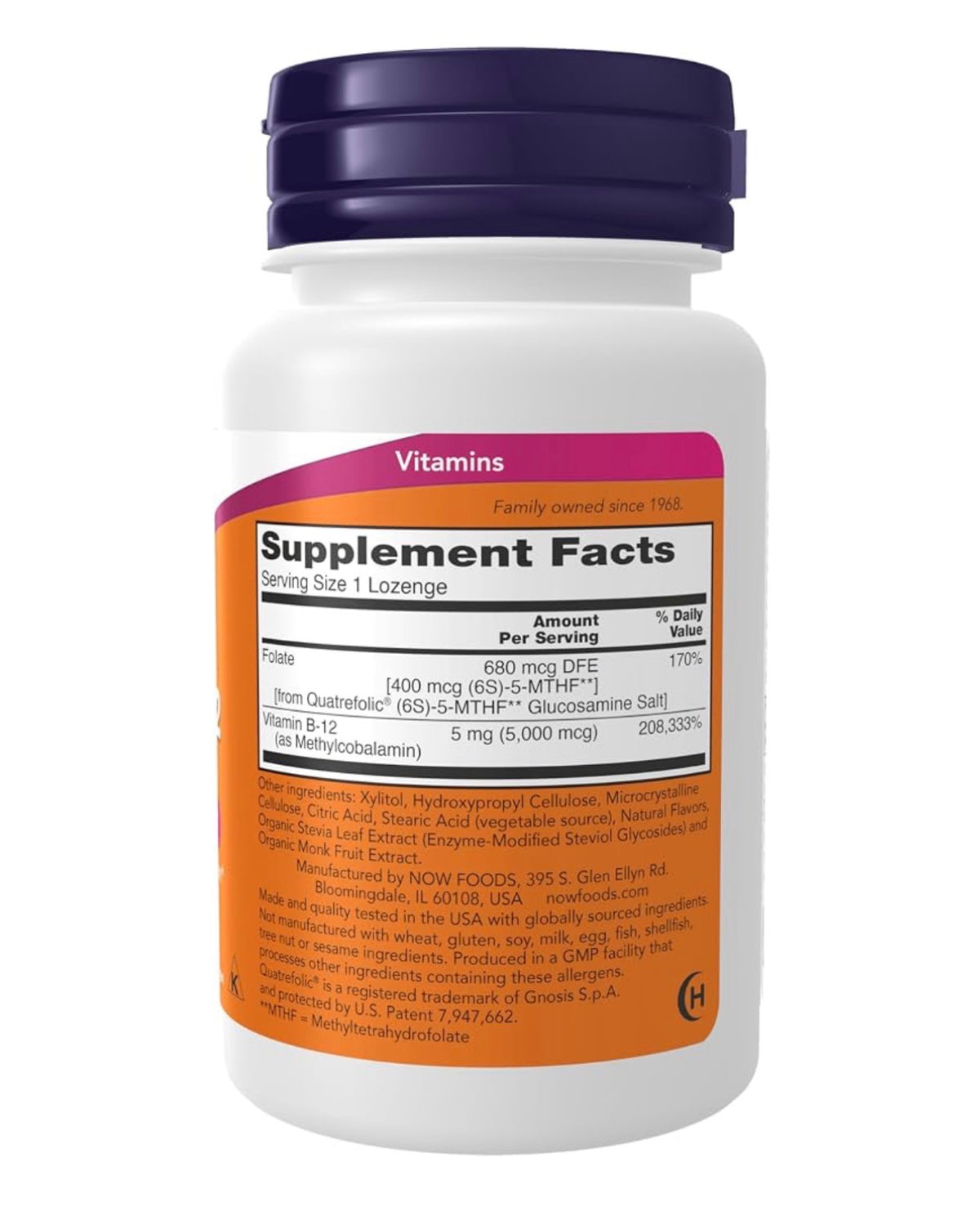 NOW Methyl B12 5000 mcg with QuatreFolic 400mcg (5-MTHF) | Methylcobalamin plus Folate | Nervous System Health | Boosts Energy | 60 Lozenges; Exp 04/2029