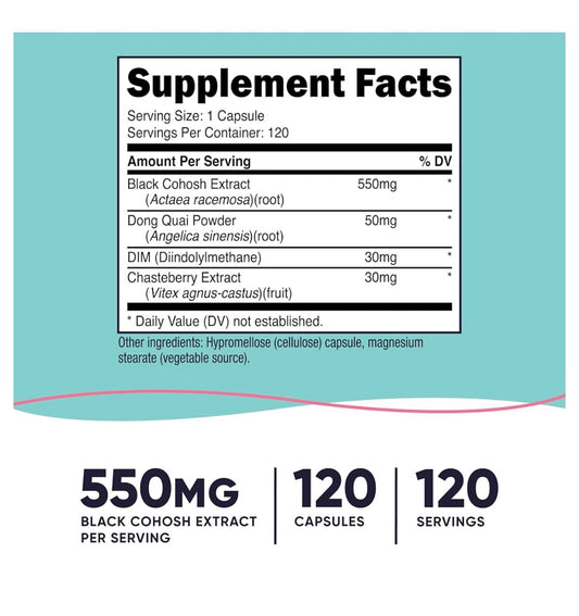 Nutricost Black Cohosh for Women (550mg) | With Dong Quai, DIM & Chaste Berry | 120 Capsules; Exp 06/2028