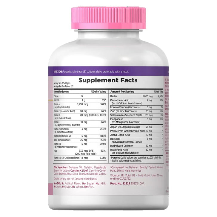 Nature's Bounty Advanced Hair, Skin and Nail Biotin & Vitamins A, C, & E, Women's Multivitamin | 83 Servings | with 5000mcg Biotin | 250 Softgels; Exp 05/2027