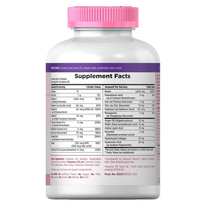 Nature's Bounty Advanced Hair, Skin and Nail Biotin & Vitamins A, C, & E, Women's Multivitamin | 83 Servings | with 5000mcg Biotin | 250 Softgels; Exp 05/2027