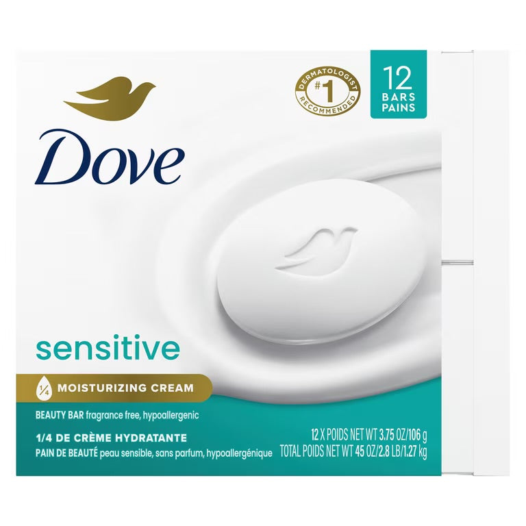Dove Sensitive Skin Bar | Fragrance-Free, Hypoallergenic | 3.75oz/106g - 12 Bars of Soap