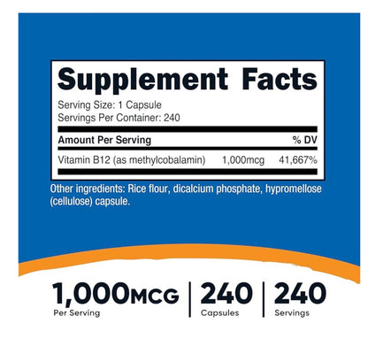 Nutricost Vitamin B12 (Methylcobalamin) 1000mcg | 240 Day Supply | Improves Mood | Supports Healthy Skin and Nails | 240 Capsules; Exp 10/2028