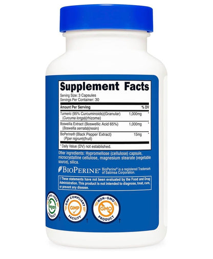 Nutricost Turmeric + Boswellia 2000mg with BioPerine 15mg | 95% Curcuminoids | Supports Joint Health & Mobility | Anti-inflammatory | 90 Capsules; Exp 04/2028