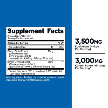 Nutricost Ginkgo Biloba + Korean Panax Ginseng | Improve Focus, Memory & Overall Well-Being 120 Capsules; Exp 02/2029