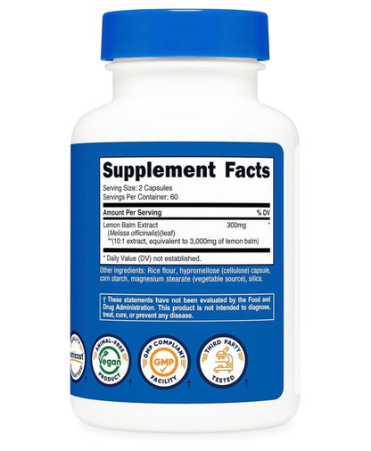 Nutricost Lemon Balm Extract 3,000mg | Melissa Leaf | Promotes Sleep & Enhances Relaxation | 120 Capsules; Exp 09/2028