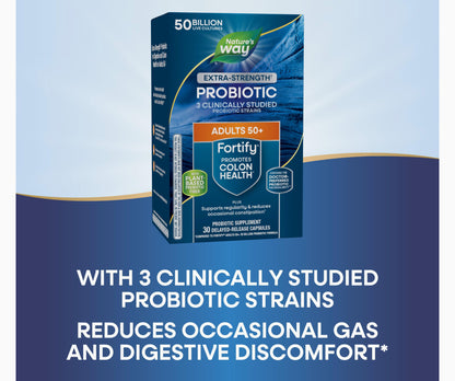 Nature’s Way Fortify Extra Strength Probiotic for Age 50+ | 50 Billion Live Cultures, 11 Strains | with Prebiotics | Supports Digestive Health, Immune Support & Colon Health | 30 Capsules Exp 03/2026