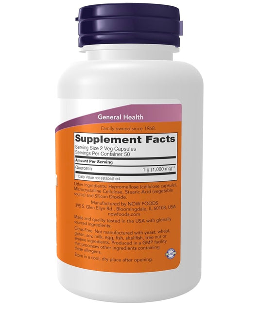 NOW Quercetin 500mg | Promotes Normal Respiratory Function | 100 Veg Capsules; Exp 11/2029