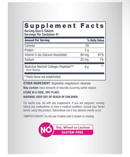 NeoCell Grassfed Collagen Peptides + Vitamin C | Supports Healthy Hair, Skin, & Nails | ❗️Doesn’t Contain Biotin | 250 Tablets; Exp 07/2028