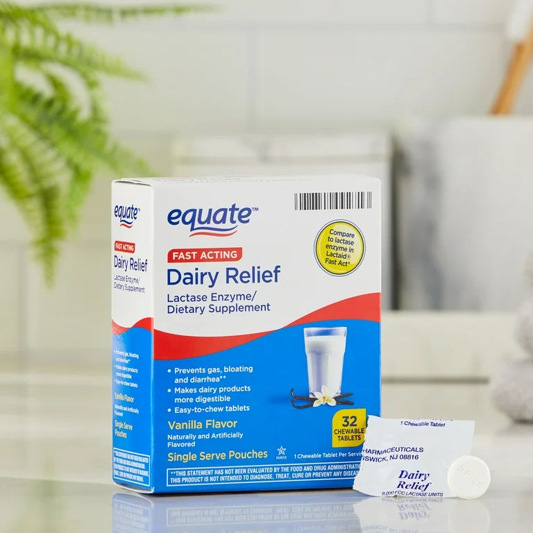 Equate Dairy Relief Fast Acting Lactase Enzyme  - Similar to Lactaid | Vanilla Flavor, 32 Chewable Tablets; Exp 05/2027