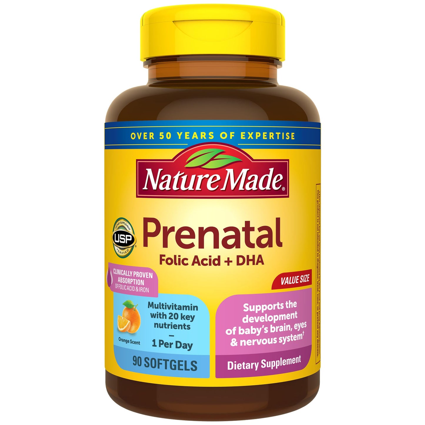 Nature Made Prenatal with Folic Acid + DHA 200mg | 90 Day Supply | Prenatal Vitamin and Mineral Supplement for Daily Nutritional Support | Orange Scent ~ 90 Softgels, Exp 04/2026