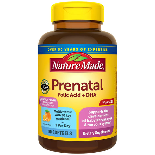 Nature Made Prenatal with Folic Acid + DHA 200mg | 90 Day Supply | Prenatal Vitamin and Mineral Supplement for Daily Nutritional Support | Orange Scent ~ 90 Softgels, Exp 04/2026