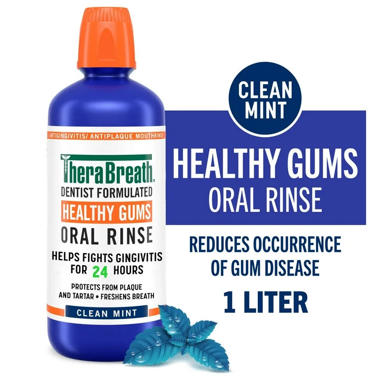 TheraBreath Healthy Gums Antigingivitis Oral Rinse Mouth Wash | Protects from Plaque & Tartar | Alcohol-Free | Clean Mint, 33.8 fl.oz/1 Litre; Exp 10/2026