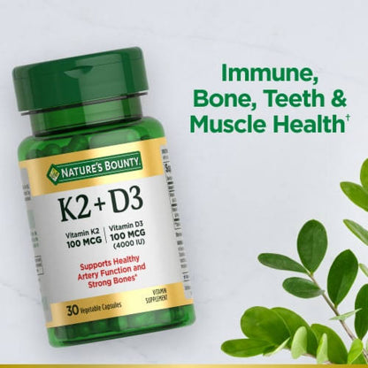 Nature’s Bounty Vitamin K2 + D3 | 4000 IU Vit D3 + 100 mcg Vit K2 | Supports Healthy Artery Function & Strong Bones | 30 Capsules; Exp 12/2026