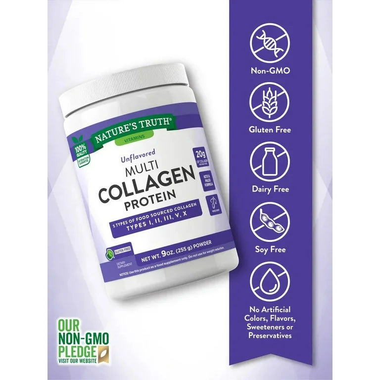 Nature's Truth Multi Collagen Protein Powder | Collagen Peptides Type I, II, III, V & X | Collagen Types 1, 2, 3, 5 & 10 | Hydrolyzed Collagen | 26 Servings | Unflavored | 9oz/255g Exp 04/2027